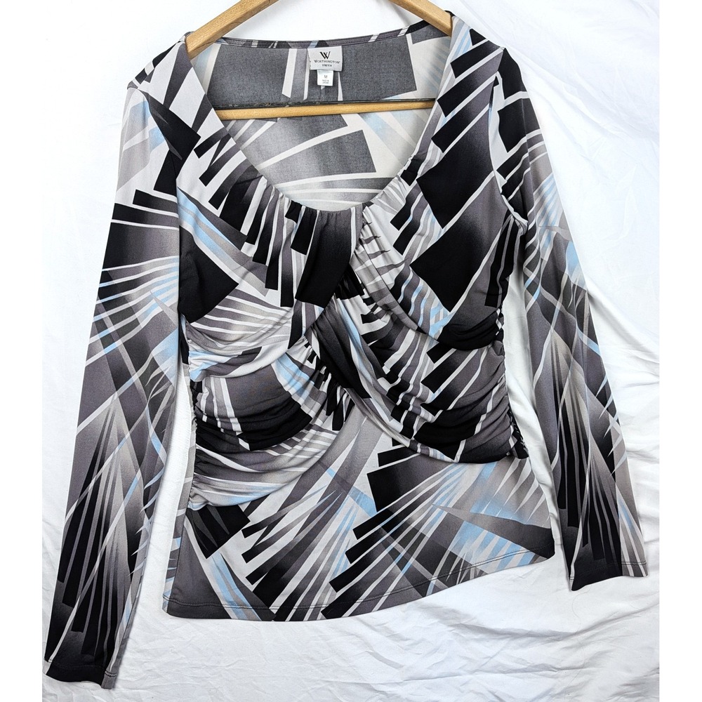 Worthington Long Sleeve Stretch Black & White Tunic Top M Cowl Neck Ruched Front